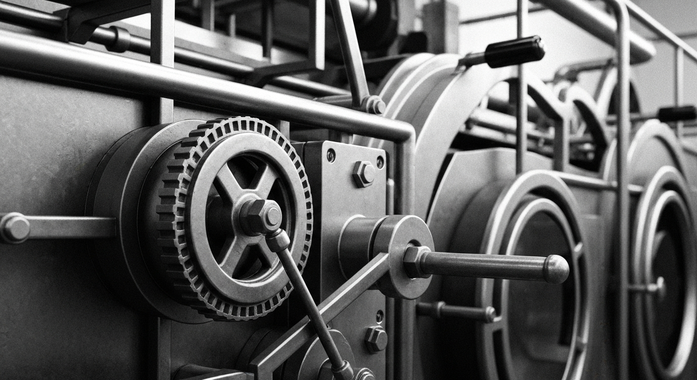 A high-contrast, black and white close-up photograph of the complex machinery and equipment that powers a large commercial kitchen or industrial laundry facility, conveying the scale and sophistication of Aramark's operational capabilities.