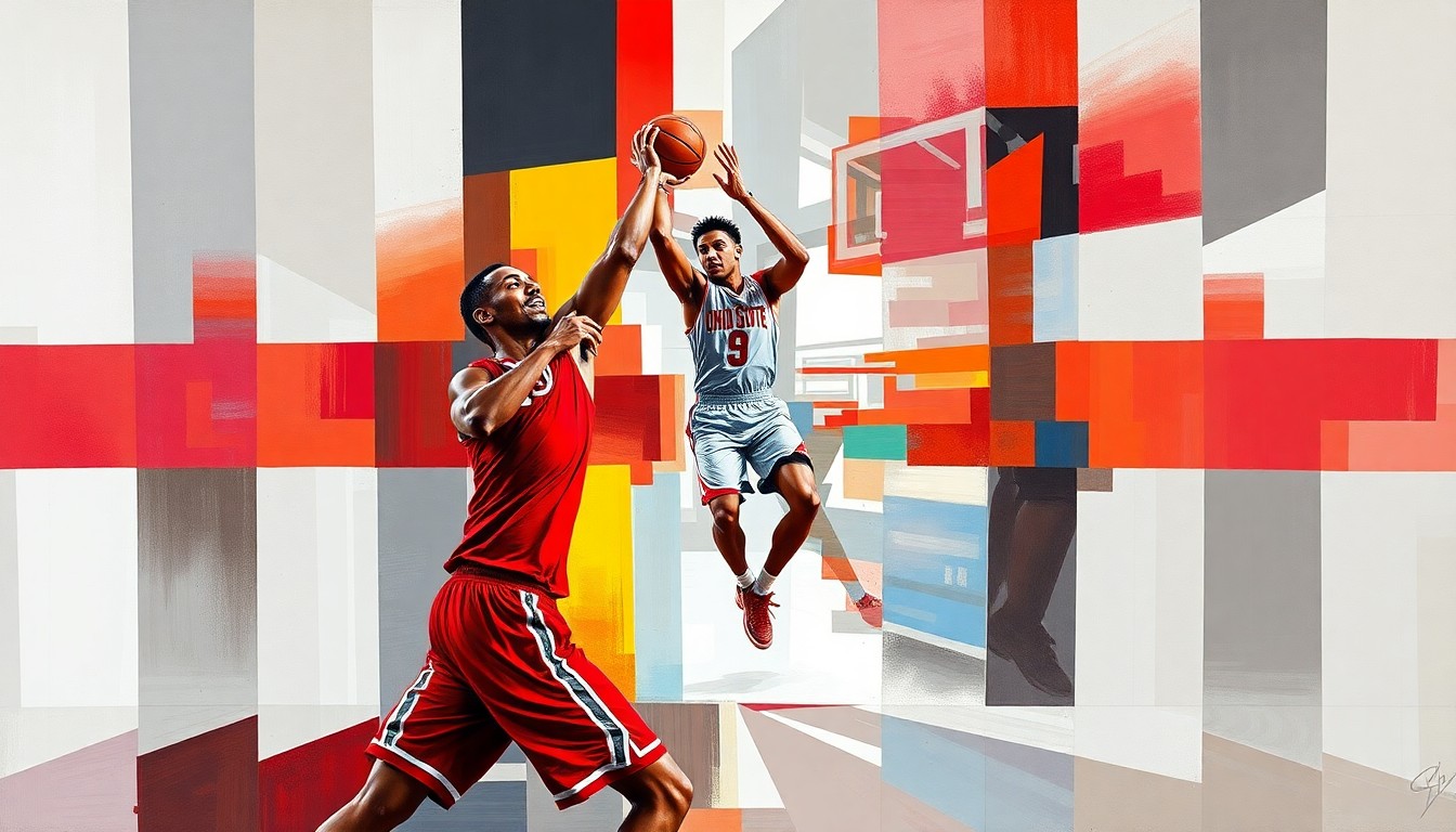A fractured, geometric painting depicting a basketball player's movements and skills, with sharp planes of scarlet and gray colors representing Ohio State's uniform colors.