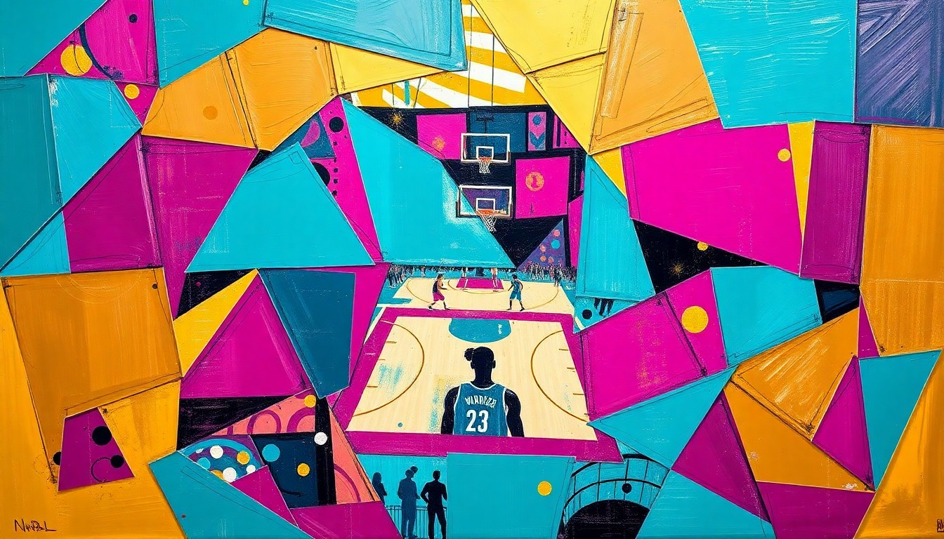 A cubist, geometric painting depicting the fragmented action of a WNBA game, with overlapping planes of teal, magenta, and gold conveying the dynamic energy of professional women's basketball.