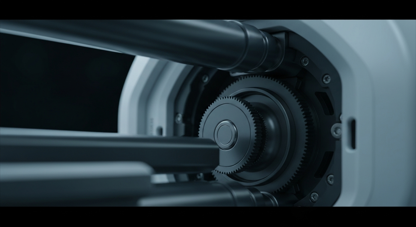 An extreme close-up of the intricate inner workings of a dental scanner, with gears, sensors, and other precision components visible, conveying the advanced technology behind Align's digital dentistry products.