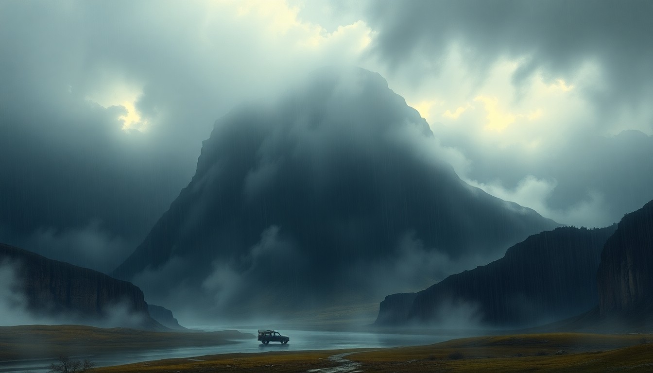 A vast, atmospheric landscape painting in muted tones of gray, blue, and green, depicting a rainy, foggy scene that dwarfs any visible structures or vehicles, conveying the sublime power of nature.