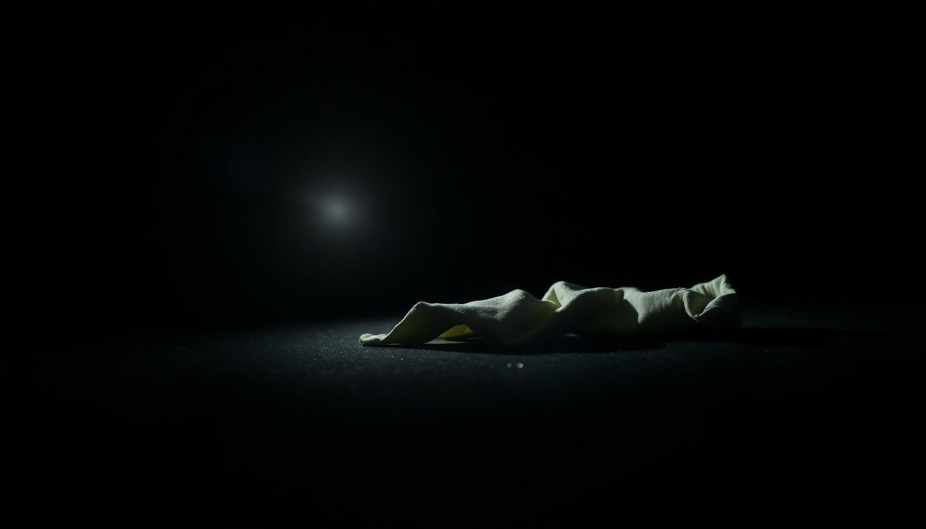 An extreme close-up photograph of a crumpled piece of clothing or a broken object, lit by a harsh, direct camera flash against a pitch-black background, conceptually representing the discovery of a body on a freeway.