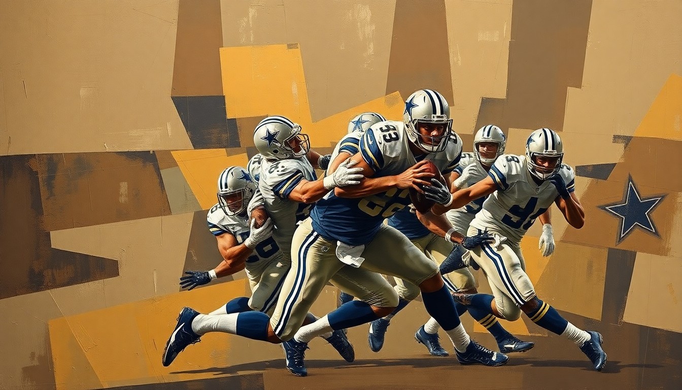 A cubist, geometric painting depicting a fractured, multi-angle view of a Dallas Cowboys pass rush play, using muted earth tones to conceptually represent the team's need to strengthen its edge defense.