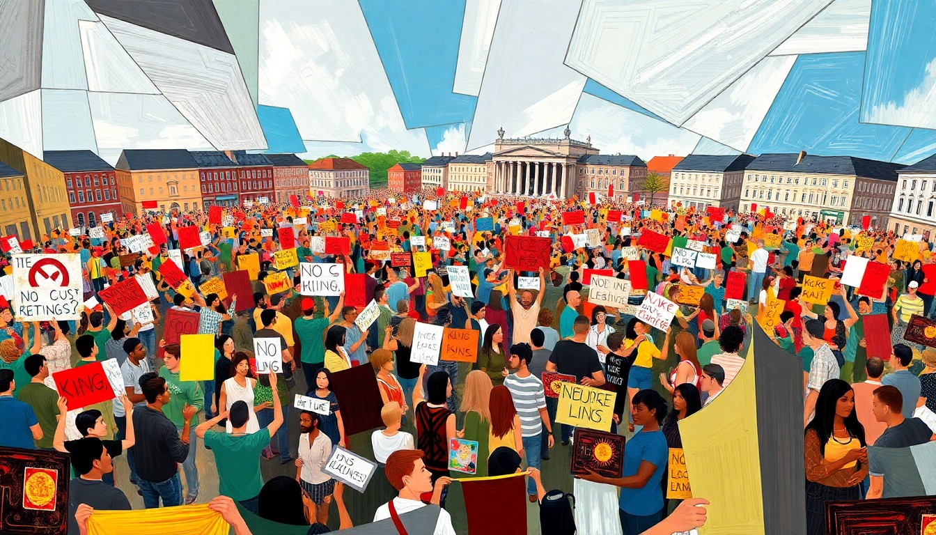 A dynamic, abstract painting of a large crowd gathered in a town square, with protesters holding signs and banners in a swirling, overlapping composition of bold colors and geometric shapes, conceptually representing the energy and momentum of a political demonstration.