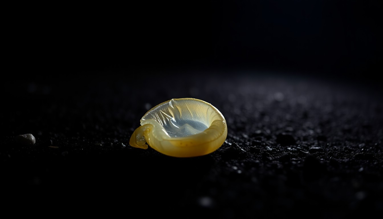 An extreme close-up photograph of a discarded condom on the ground, the harsh flash creating a stark, gritty, investigative aesthetic that conceptually represents the public indecency incidents near the school.
