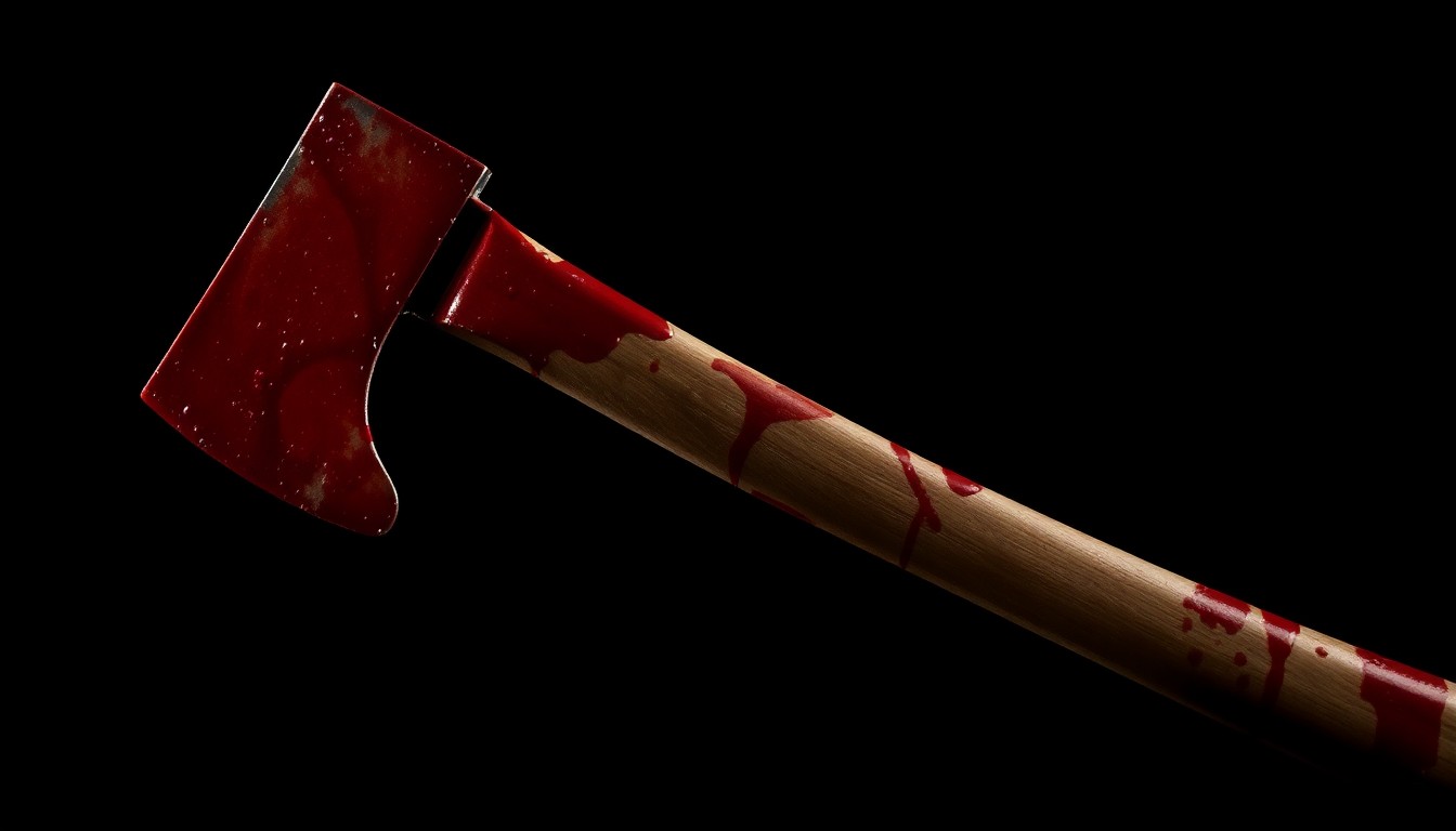 An extreme close-up of a blood-stained wooden ax handle, the harsh flash lighting creating a stark, gritty, investigative aesthetic that conceptually represents the violent crime scene.