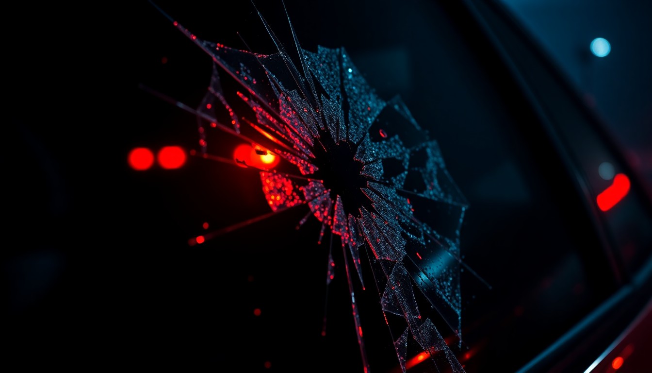 An extreme close-up of shattered car window glass reflecting a faint red light, conceptually representing the aftermath of a violent police encounter.