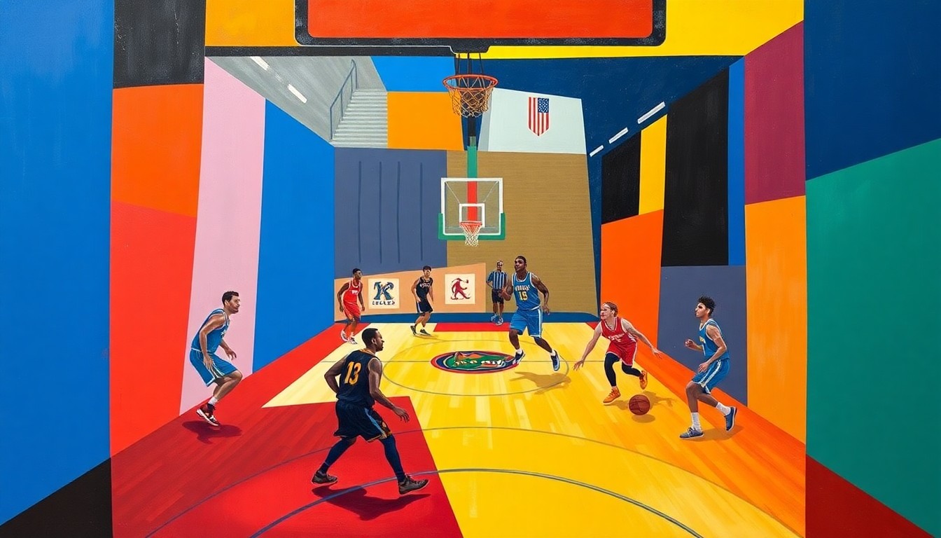A cubist, geometric painting depicting the movements and actions of a basketball game, with sharp, overlapping planes of color representing the University of Florida's orange and blue, as well as the blue and white of Quebec.