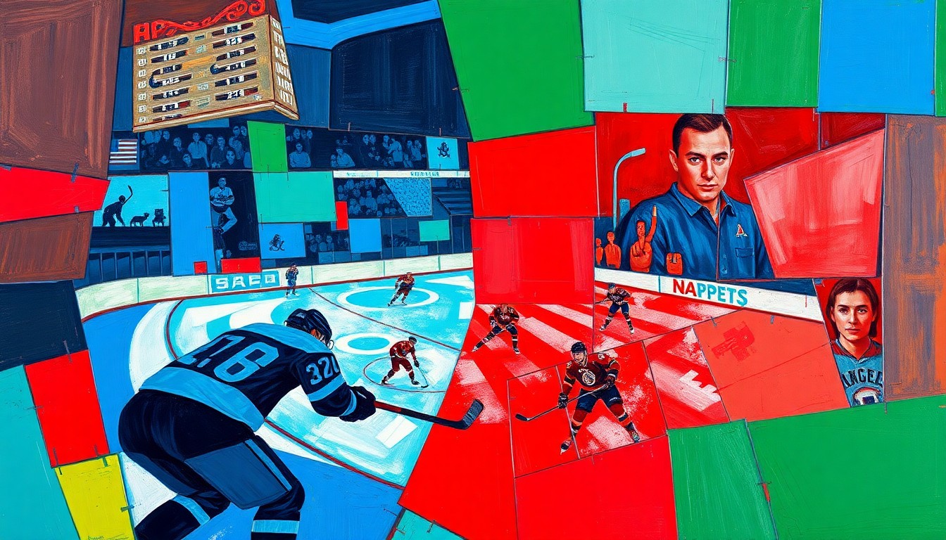 A fractured, cubist-style painting depicting a hockey game, with players and the rink broken down into sharp, overlapping geometric shapes in vibrant blues, reds, and greens.