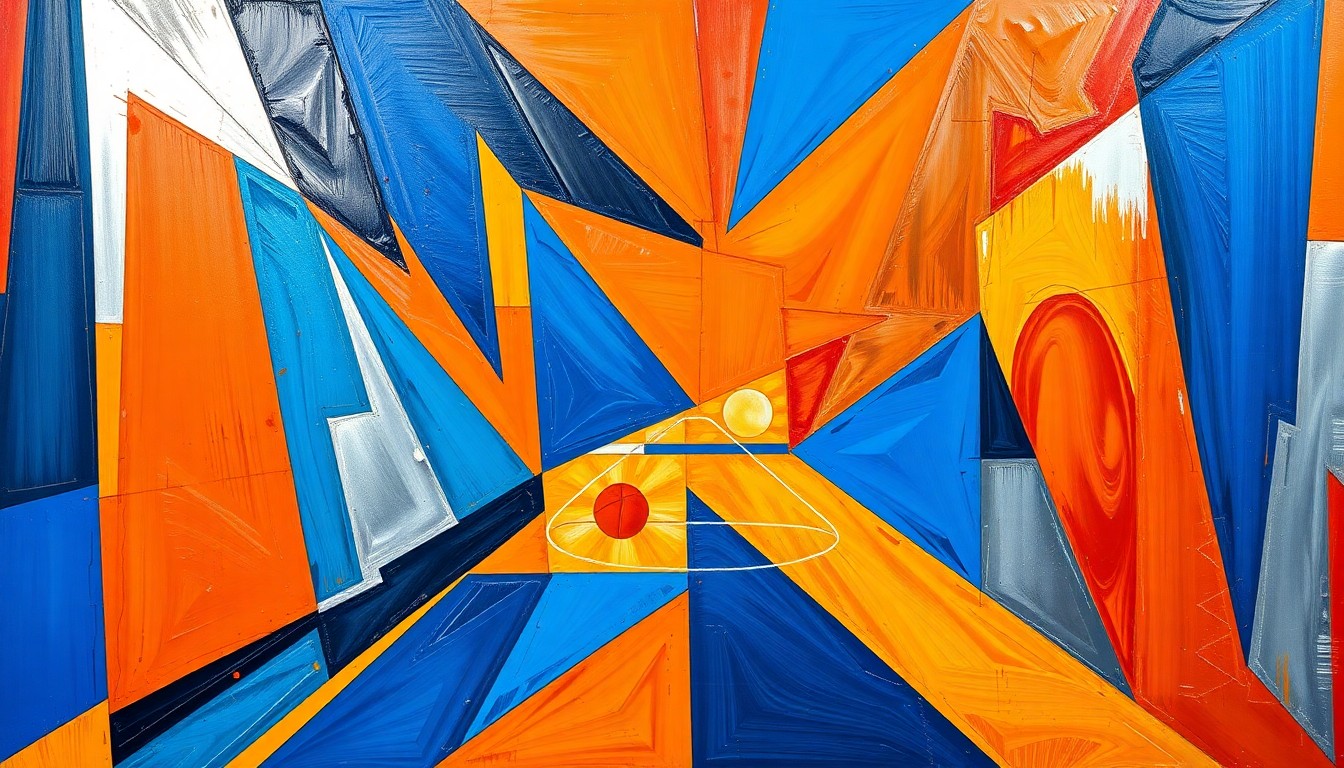 A fragmented, geometric painting depicting an NBA basketball game in motion, with sharp planes of color and overlapping perspectives creating a dynamic, abstract visual representation of the competitive playoff race.
