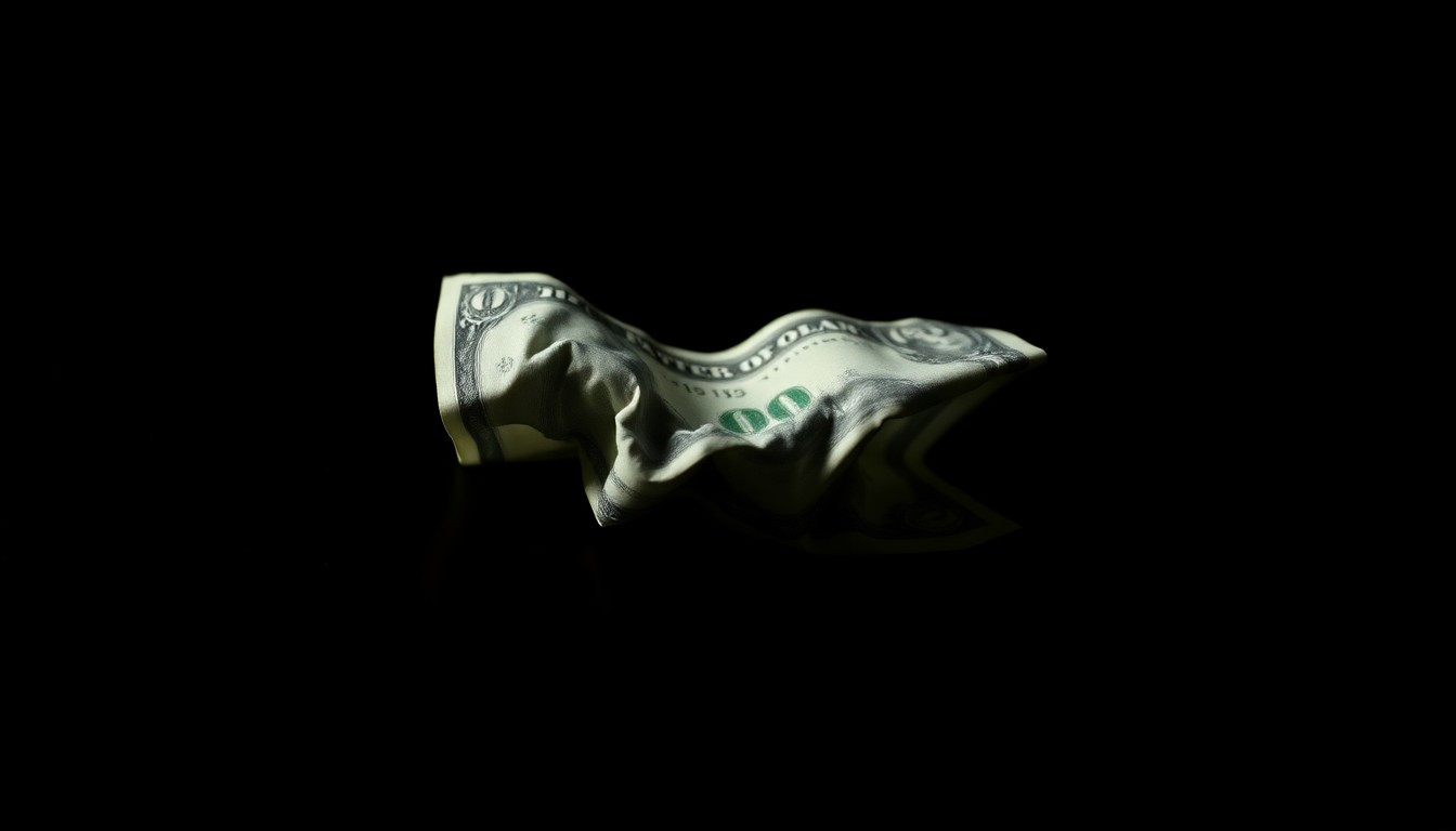 An extreme close-up photograph of a crumpled dollar bill on a dark background, lit by a harsh, direct camera flash, conveying a sense of unease and investigation around the reported crime.