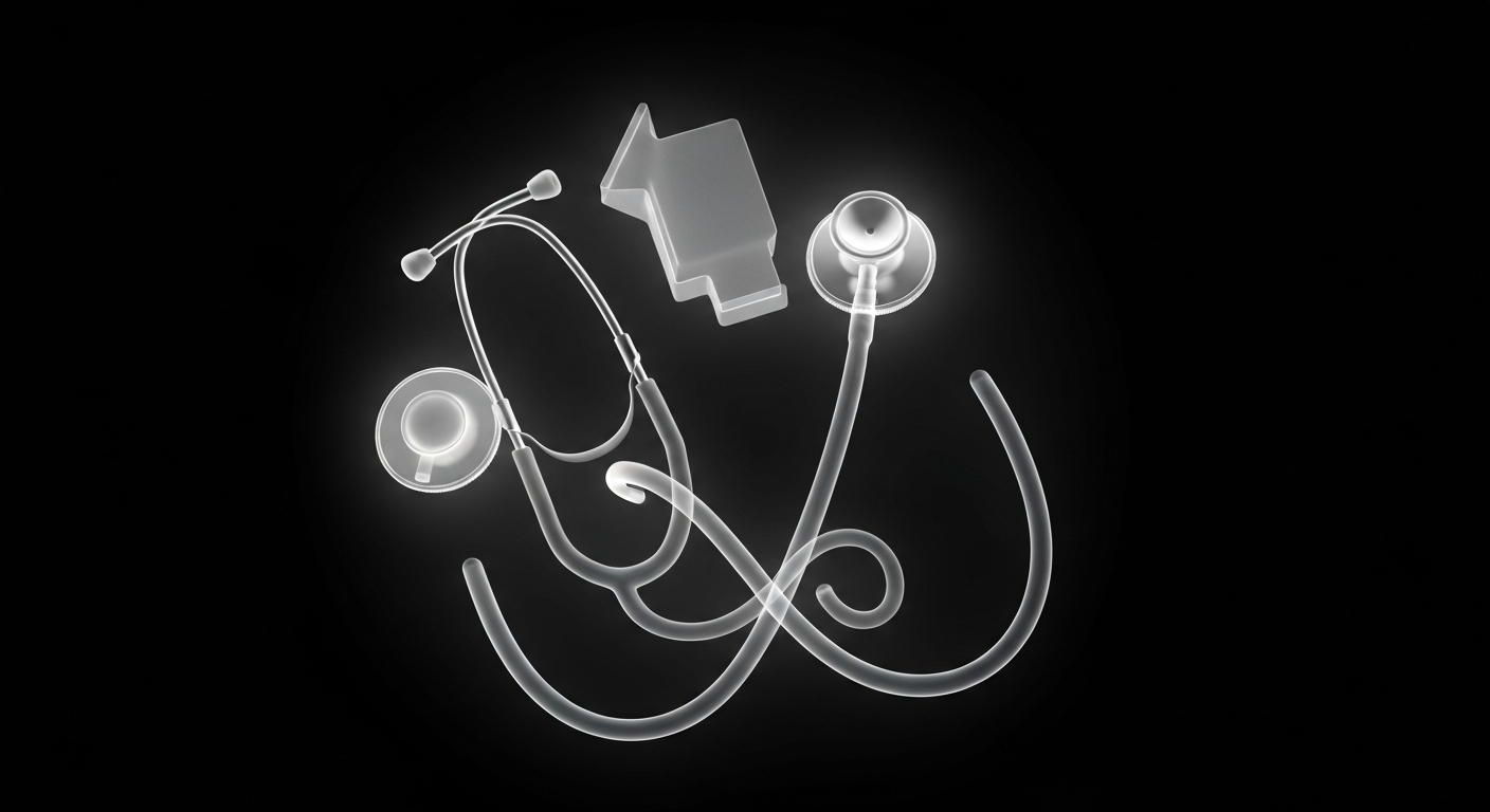 A ghostly, translucent X-ray photograph revealing the internal structures of a stethoscope and medical instruments against a dark background, conceptually representing the clinical expertise of a new physician joining a healthcare facility.