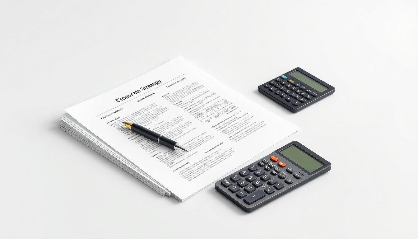 A photorealistic studio still-life featuring a stack of financial documents, a pen, and a calculator arranged on a clean, monochromatic background, conceptually representing the abstract ideas of corporate strategy, finance, and technology solutions.