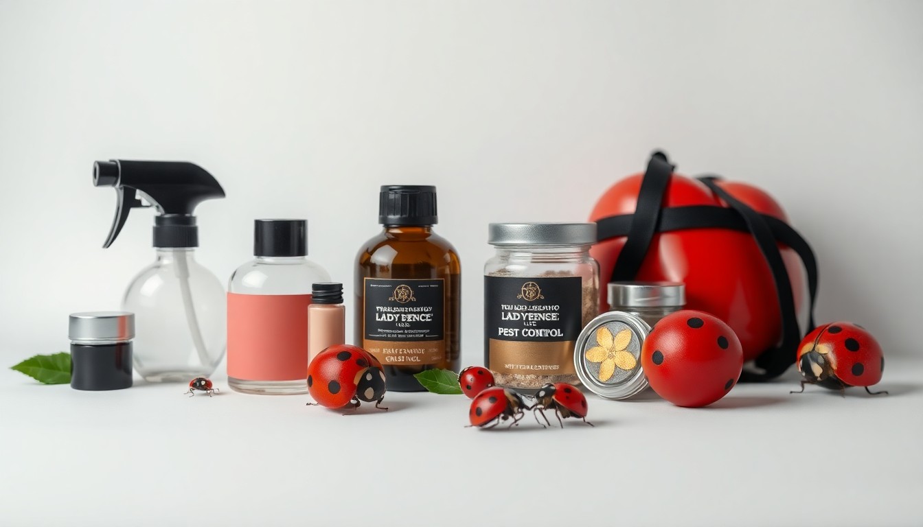 A high-end, photorealistic studio still-life photograph featuring a collection of polished, geometric objects arranged elegantly on a clean, monochromatic background, conceptually representing the professional and eco-friendly pest control services of Ladybug Defense LLC.