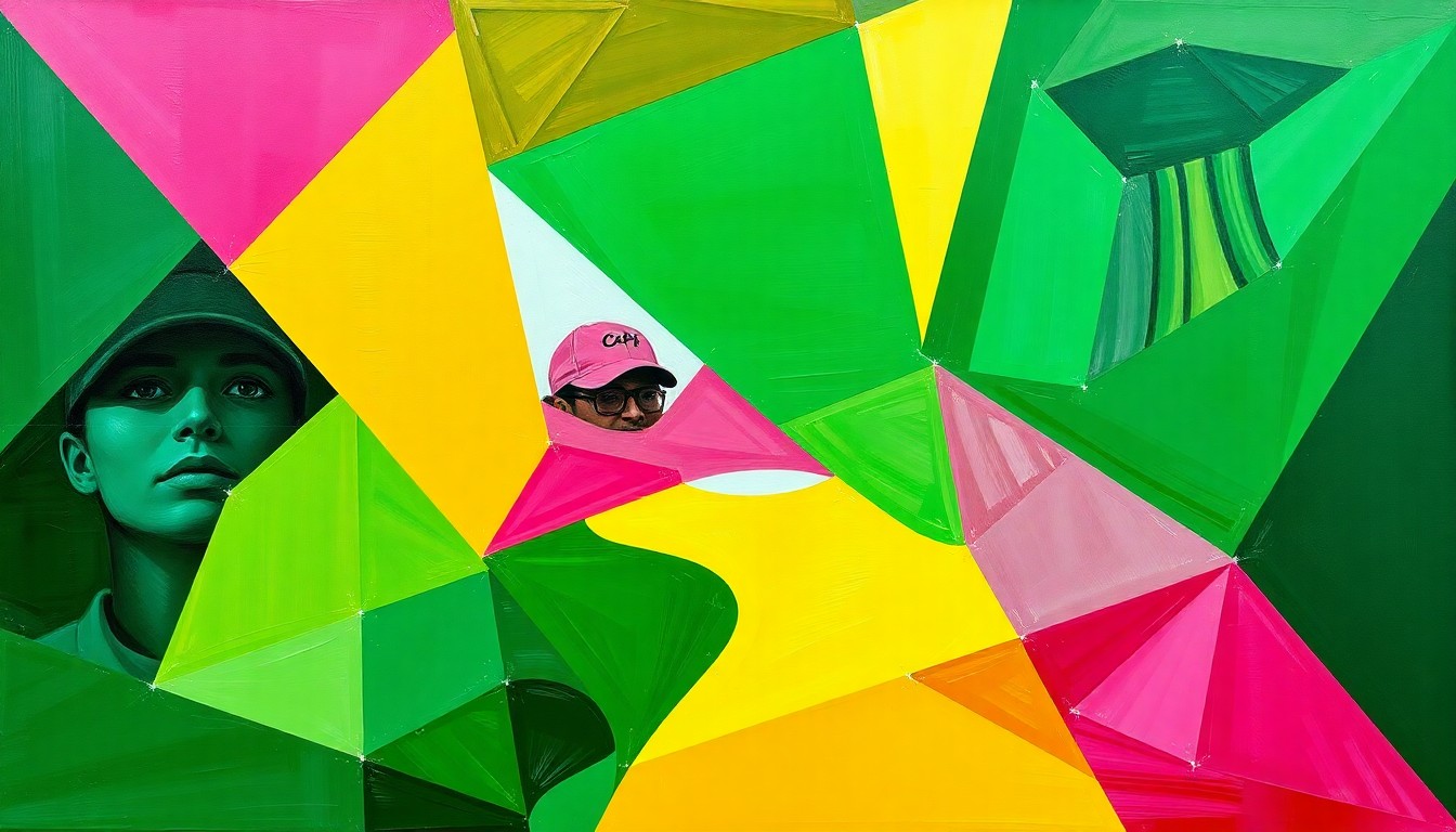 A cubist, geometric painting depicting the Augusta National Women's Amateur golf tournament, with overlapping planes of color and abstracted shapes representing the competition and energy of the event.