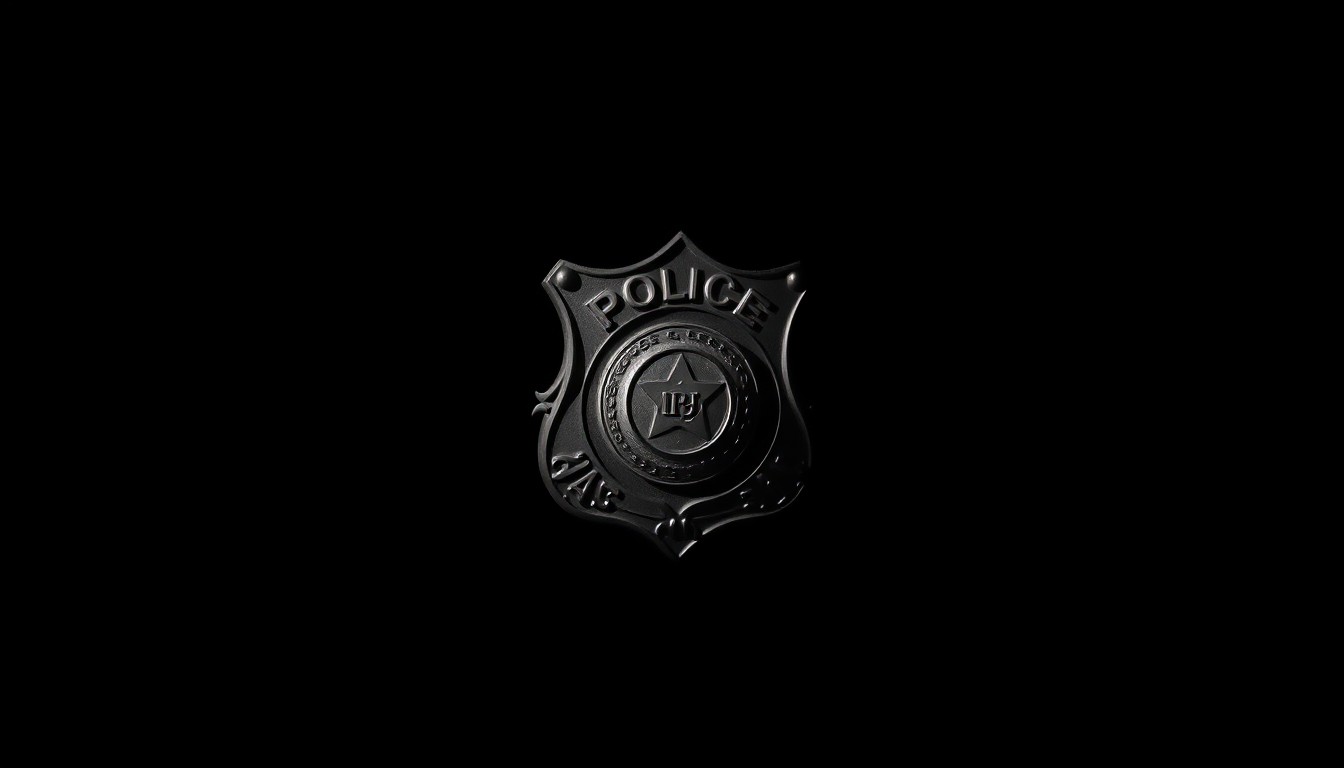 An extreme close-up photograph of a police badge against a pitch-black background, the metal surface reflecting the harsh, direct light of the camera flash, creating a stark, investigative aesthetic.