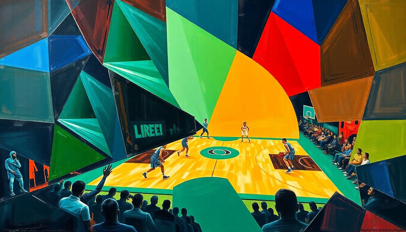 A fragmented, geometric painting in bold blues, greens, and reds depicts the overlapping movements and perspectives of a college basketball game, conveying the sport's intensity and tactical nuance through an abstract, cubist visual style.
