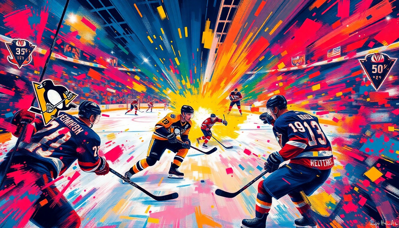 An abstract, expressionist painting in neon colors depicting the intense action and energy of a high-scoring hockey game, with players' movements and the puck blending into a vibrant, textured composition.