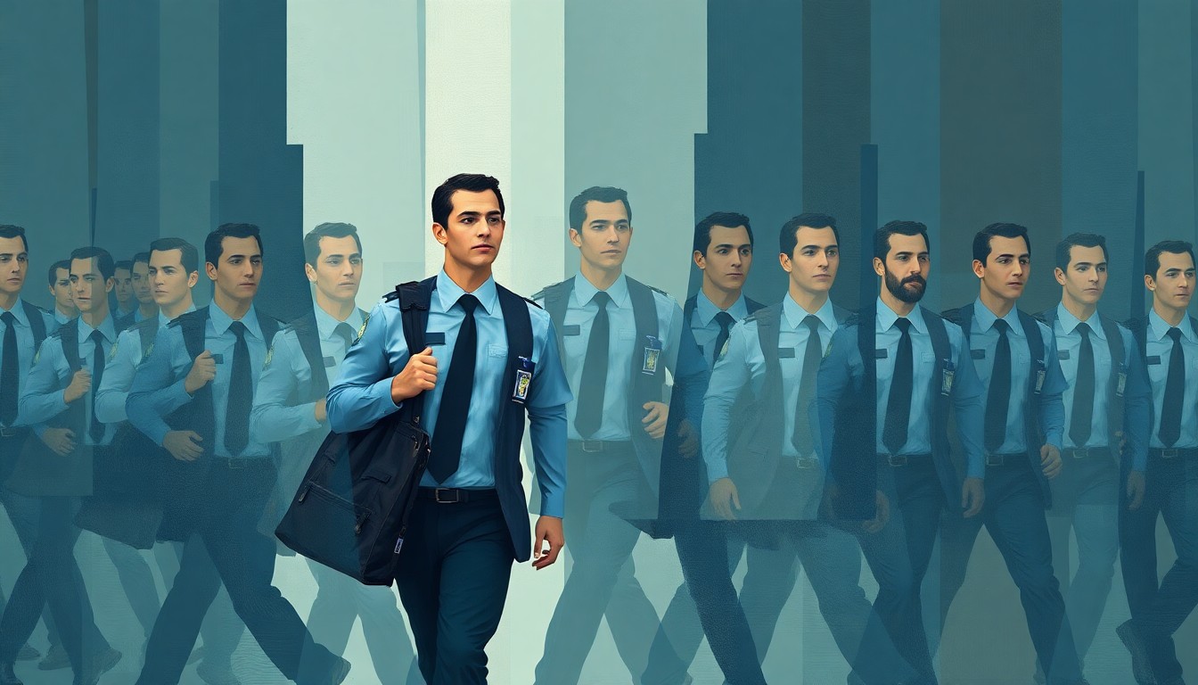 A dynamic, fragmented painting depicting the motion of a TSA agent, with overlapping geometric shapes in muted tones of blue, grey, and brown, conveying the disruption and uncertainty facing airport security during the government shutdown.