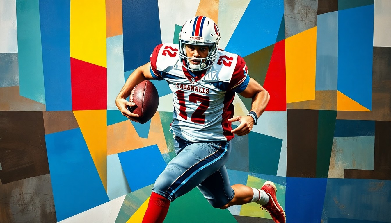 A fragmented, abstract painting depicting a football player in motion, with sharp, angular shapes in various shades of green, red, and blue representing the different college programs vying for the recruit's commitment.