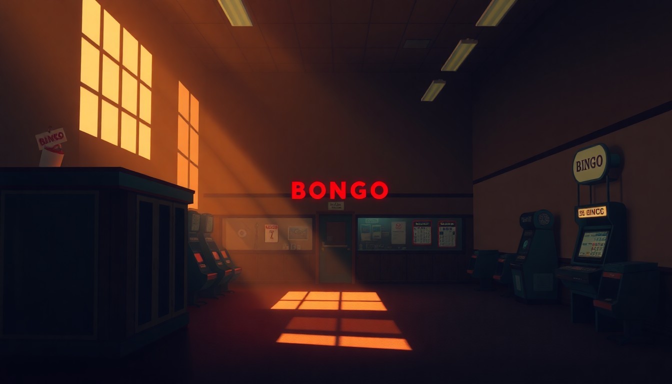 A warm, cinematic painting of a solitary bingo hall or charitable gaming venue, with soft light and deep shadows creating a nostalgic, community-driven atmosphere.