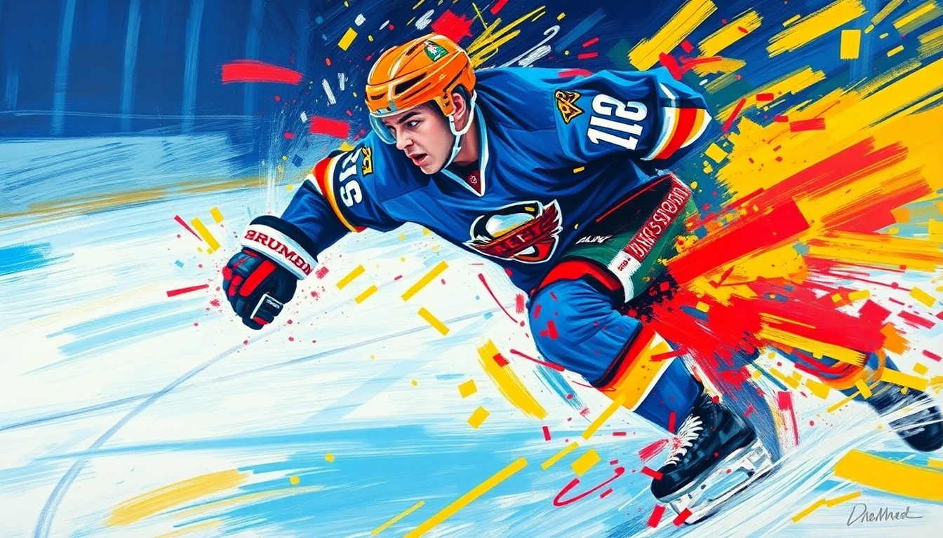 An abstract, expressionist painting in neon colors depicting the blurred, energetic movements of a hockey player on the ice, conveying the raw intensity of the sport.