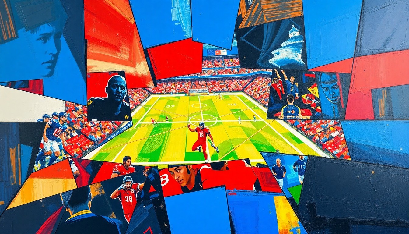 A cubist, geometric painting depicting a football game or match, with sharp, overlapping planes of color representing the dynamic action on the field.