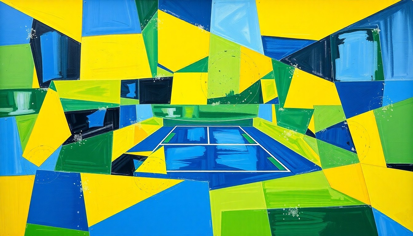 A cubist-style painting featuring sharp, overlapping geometric shapes in bright blue, yellow, and green, abstractly representing the dynamics of a college tennis match.
