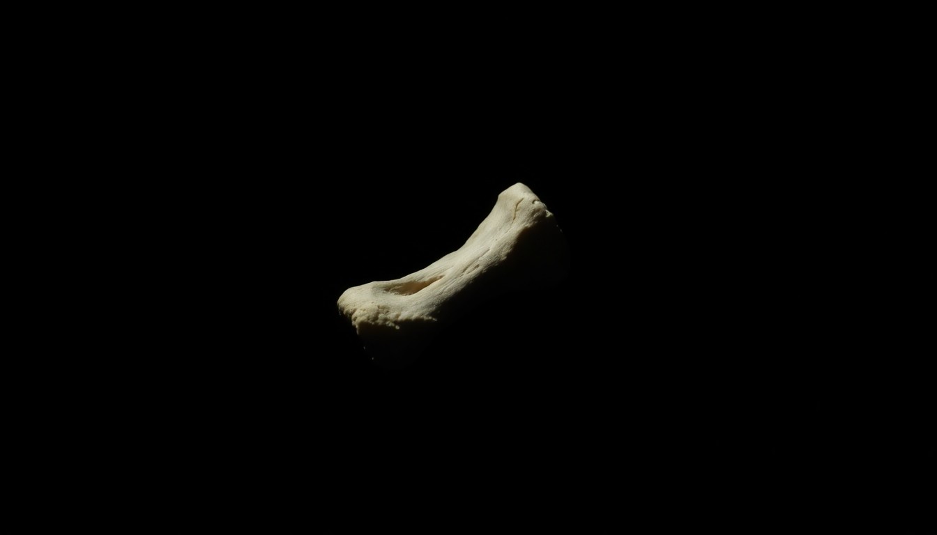An extreme close-up photograph of a human bone fragment, its rough texture and jagged edges dramatically illuminated by a harsh flash of light against a pitch-black background, conveying a sense of the gritty, investigative nature of this crime scene discovery.
