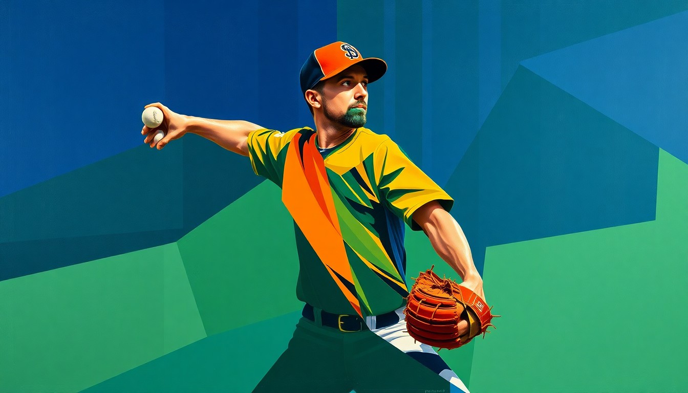 A cubist, geometric painting depicting a baseball pitcher's windup and delivery broken down into sharp, overlapping planes of navy, green, and orange, conveying the complex, multi-faceted nature of elite pitching performance.