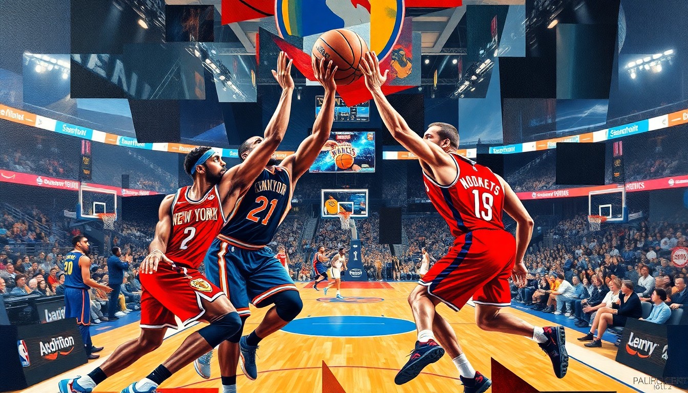 A dynamic, abstract painting featuring overlapping geometric shapes and planes in vibrant colors, representing the action and energy of a basketball game between the New York Knicks and Houston Rockets.