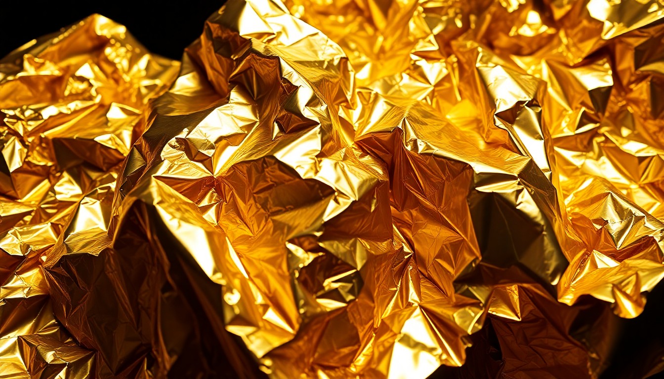 An extreme macro photograph of crumpled, shimmering gold foil under dramatic studio lighting, creating an abstract, high-contrast texture that conceptually represents the elite glamour that enabled Jeffrey Epstein's crimes.