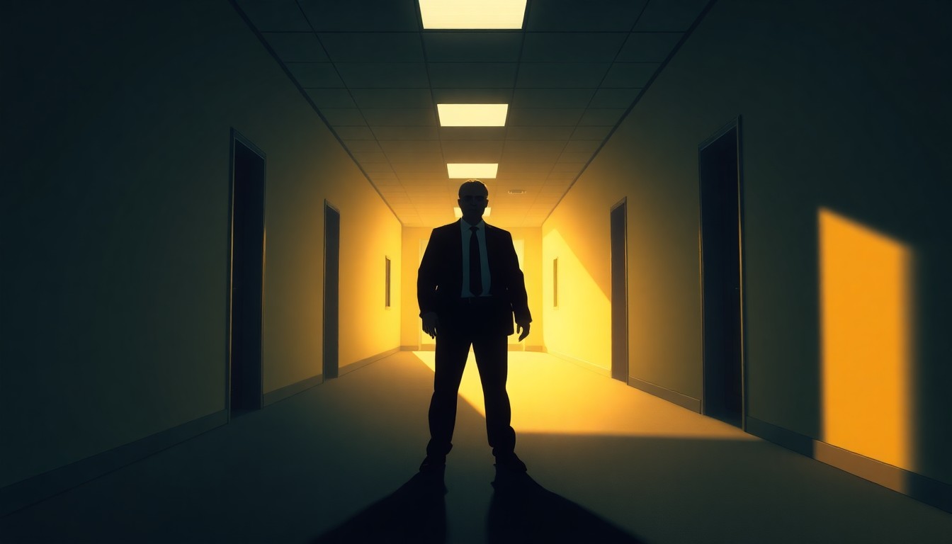 A moody, cinematic painting of an empty government office hallway, with a lone figure of a former FBI agent standing in the warm, diagonal sunlight, conceptually representing the lawsuit's allegations of politically-motivated terminations.