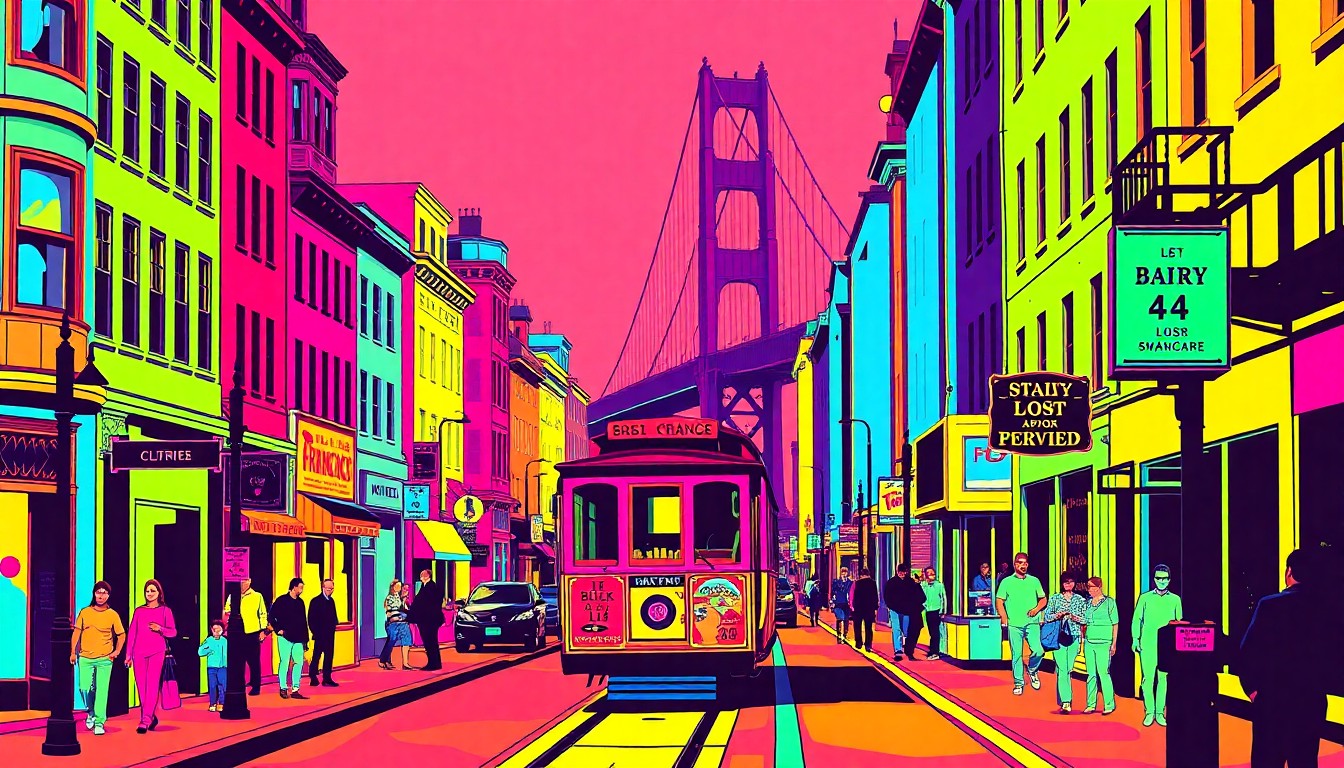 A brightly colored, high-contrast silkscreen print of an iconic San Francisco street scene, such as a cable car or the Golden Gate Bridge, repeated in a tight grid pattern, conceptually representing the energy and community spirit of a local block party.