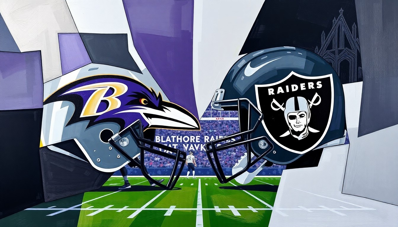 A fragmented, geometric painting depicting a football game or match between the Baltimore Ravens and Las Vegas Raiders, with sharp, overlapping planes of purple, black, silver, and black representing the teams' official colors.