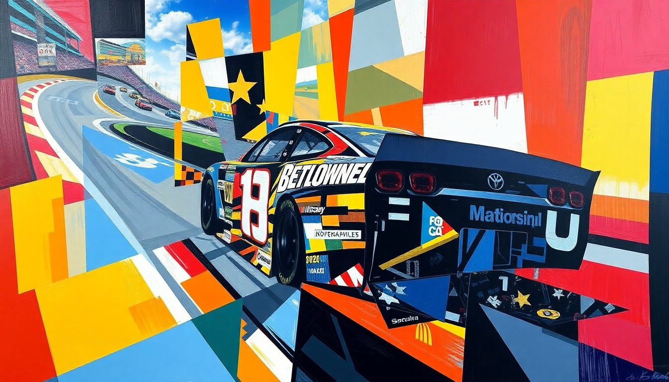 A fractured, cubist-style painting depicting the NASCAR race at Martinsville Speedway, with the cars and track broken down into sharp, overlapping geometric shapes and planes of color, capturing the raw energy and competitive spirit of the event.