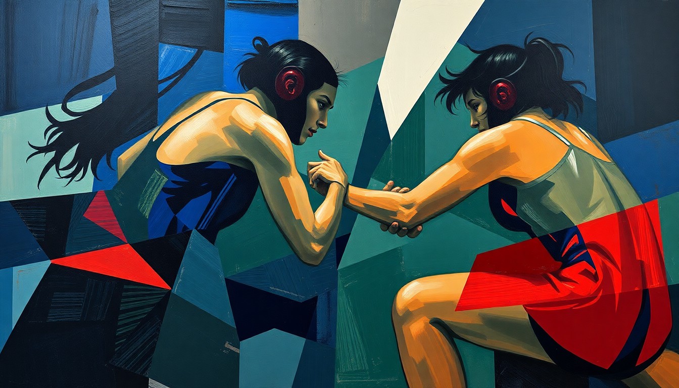 A cubist, geometric painting depicting a girls' wrestling match, with overlapping planes of navy, green, and red conveying the dynamic movement and intensity of the sport.