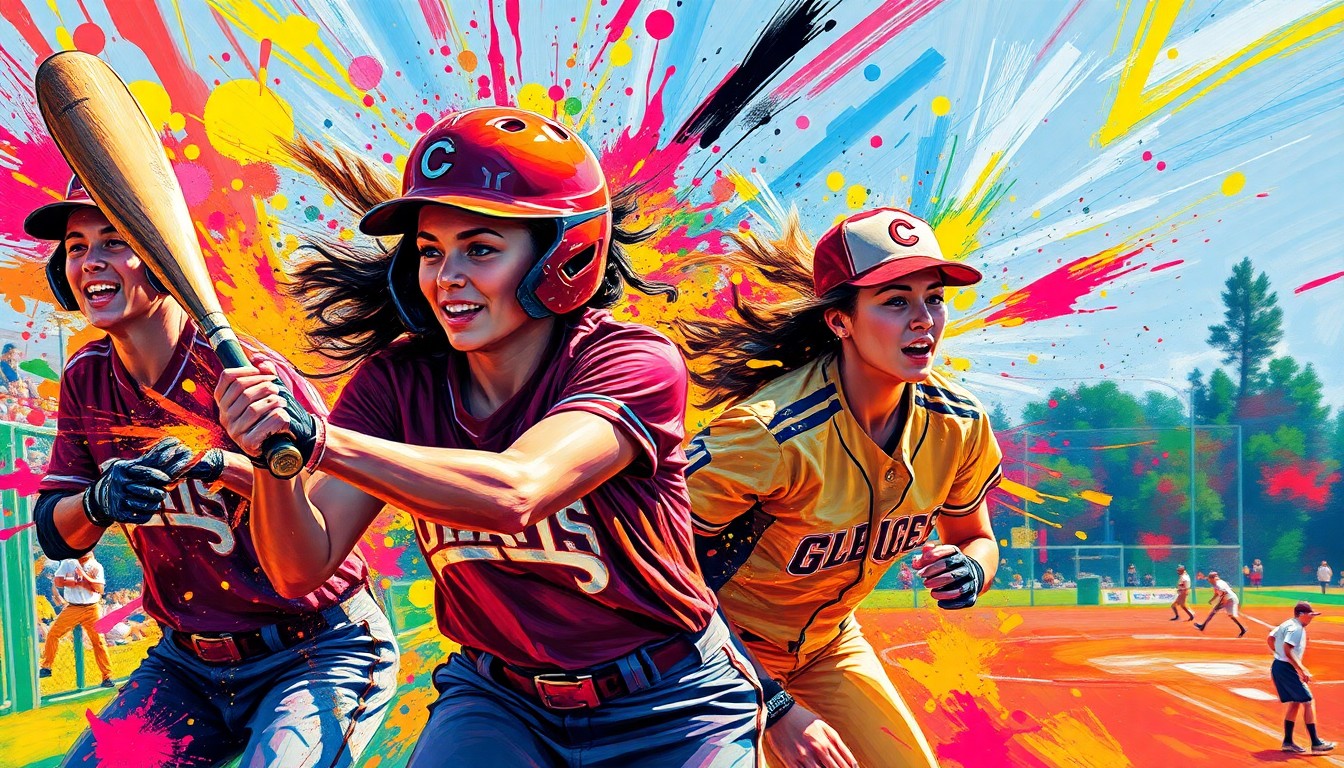 An abstract, energetic painting in neon colors depicting the dynamic motion and raw athleticism of a college softball game, with players' forms dissolving into unrecognizable brushstrokes.