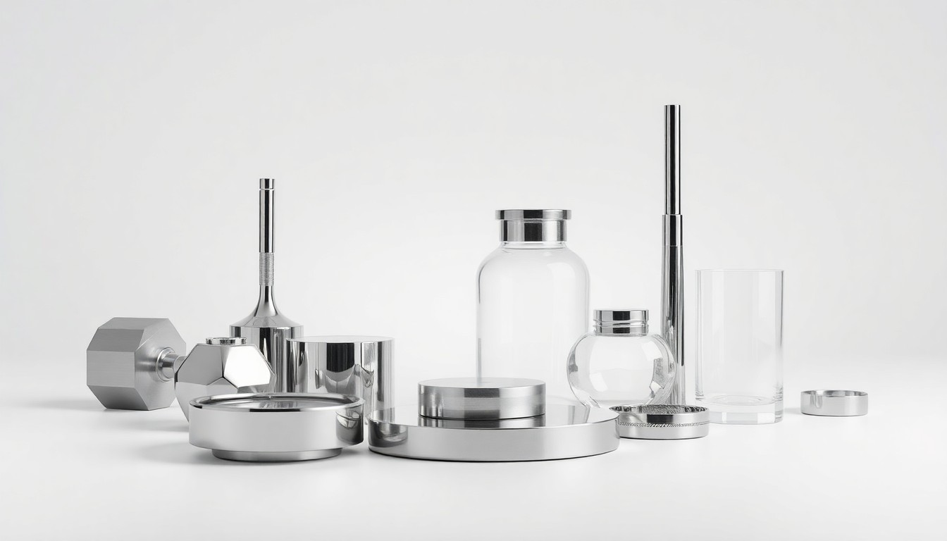 A photorealistic studio still life featuring a collection of sleek, metallic geometric objects arranged elegantly on a plain white background, conceptually representing the precision and innovation of a leading manufacturing company.