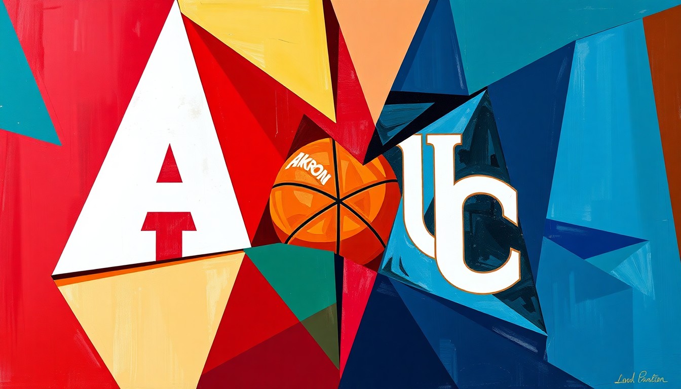 A cubist, geometric painting featuring overlapping planes of blue, gold, and green, conceptually representing the transition and change in the Akron basketball program.