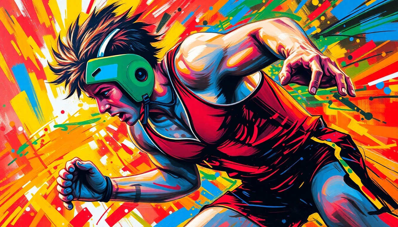 An abstract, energetic painting in neon colors depicting the dynamic movements and raw athleticism of a high school wrestler in action.