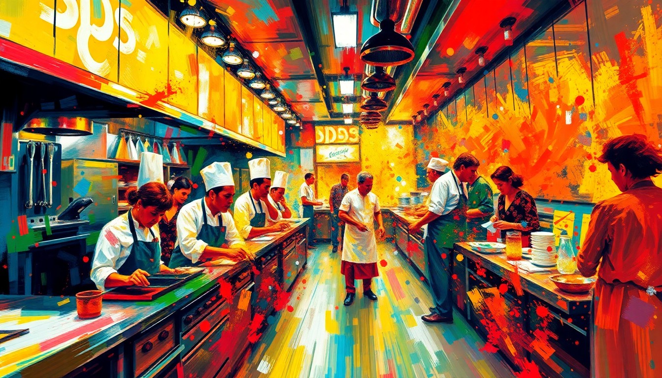 An abstract, expressionist painting featuring vibrant brushstrokes in neon colors, capturing the energy and movement of a busy restaurant kitchen without any identifiable details.