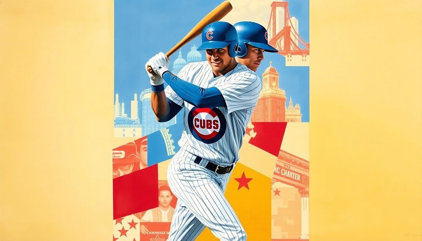 A fragmented, geometric painting depicting the dynamic motion of a baseball player's swing, with overlapping planes of blue, red, and white representing the Chicago Cubs' colors.