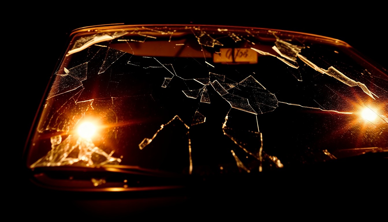 An extreme close-up photograph of a shattered car windshield or other damaged vehicle component, lit by a harsh, direct camera flash against a pitch-black background, conceptually illustrating the aftermath of a serious traffic accident.