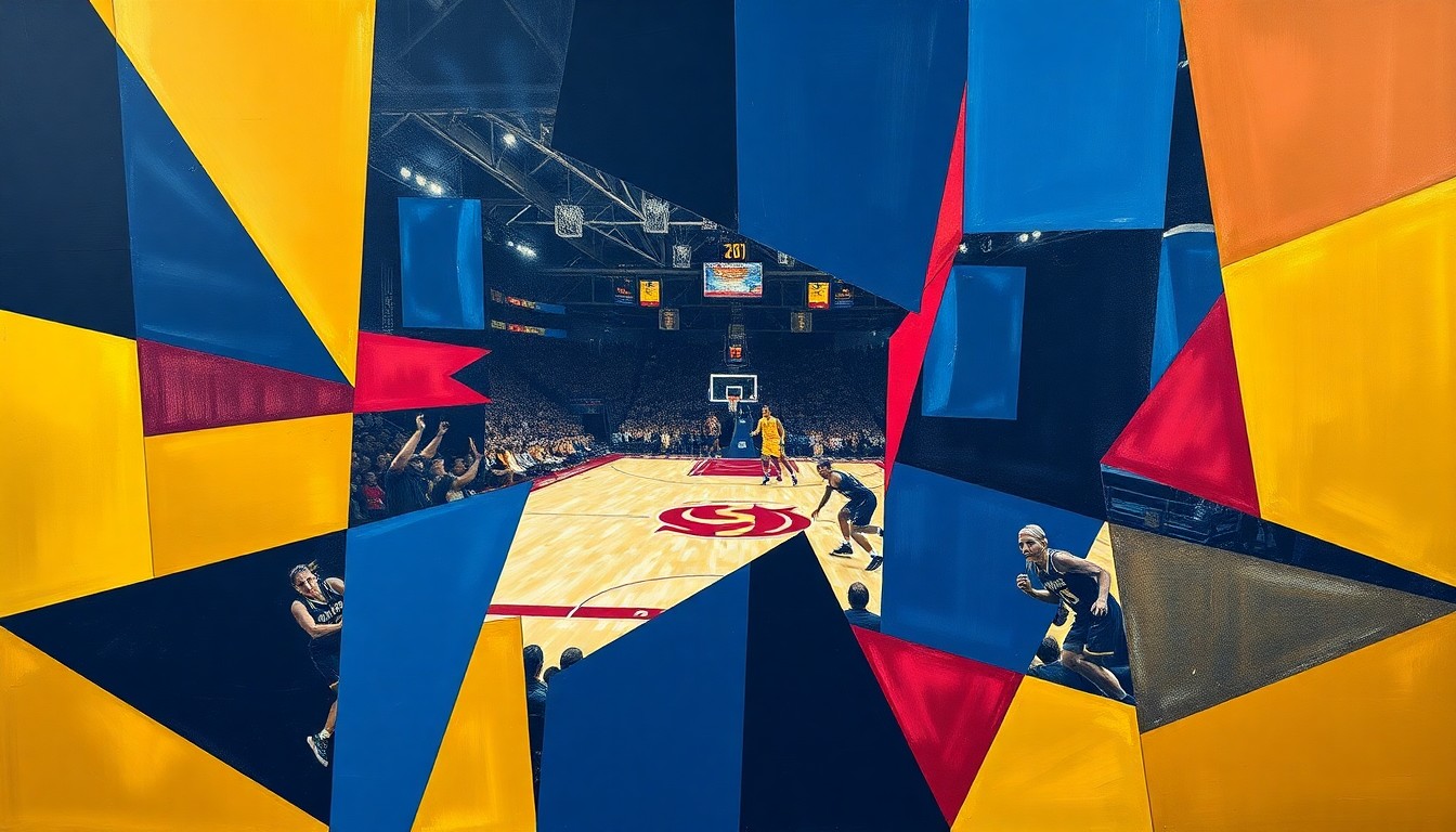 A cubist-style painting depicting a fragmented, geometric representation of a women's basketball game, with sharp planes of navy, gold, and crimson colors.