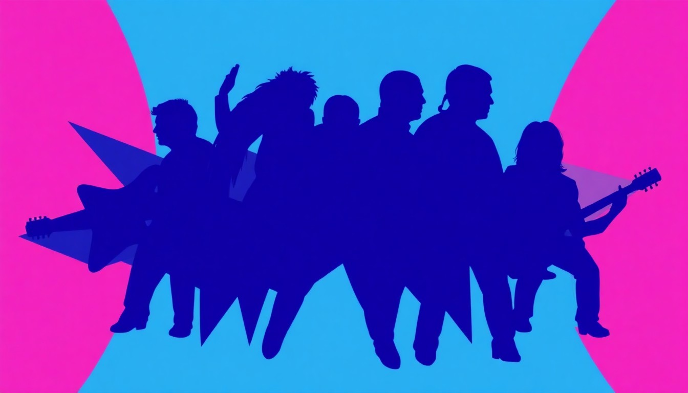 An abstract illustration featuring bold, geometric shapes in shades of blue, purple, and pink, conceptually representing the diverse musical talents emerging from Nashville.