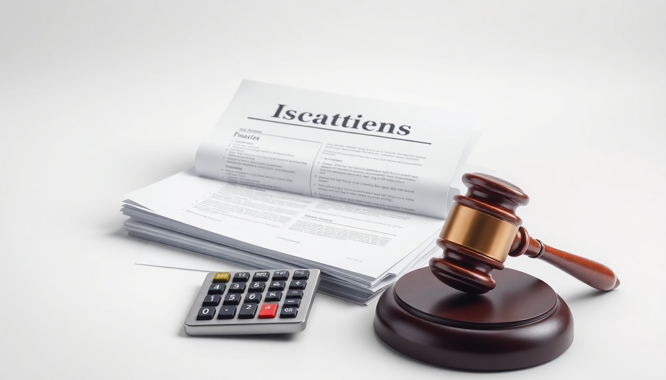 A minimalist, photorealistic studio still life featuring a stack of financial documents, a calculator, and a gavel on a clean, monochromatic background, conceptually representing the legal and financial implications of corporate accounting scandals.