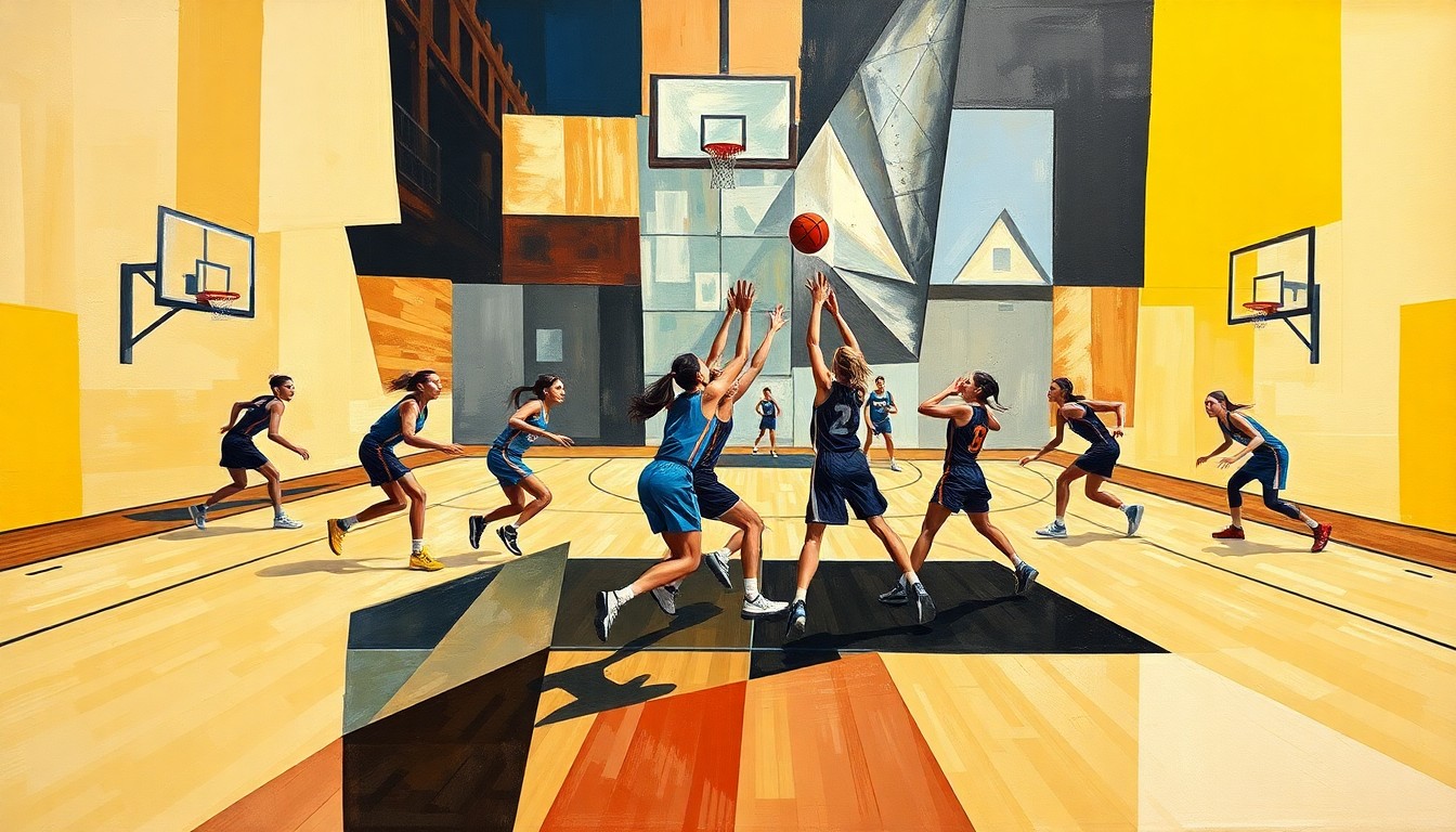 A fragmented, geometric painting in the style of Pablo Picasso, depicting the overlapping planes and perspectives of a girls' basketball game in an abstract, cubist composition.