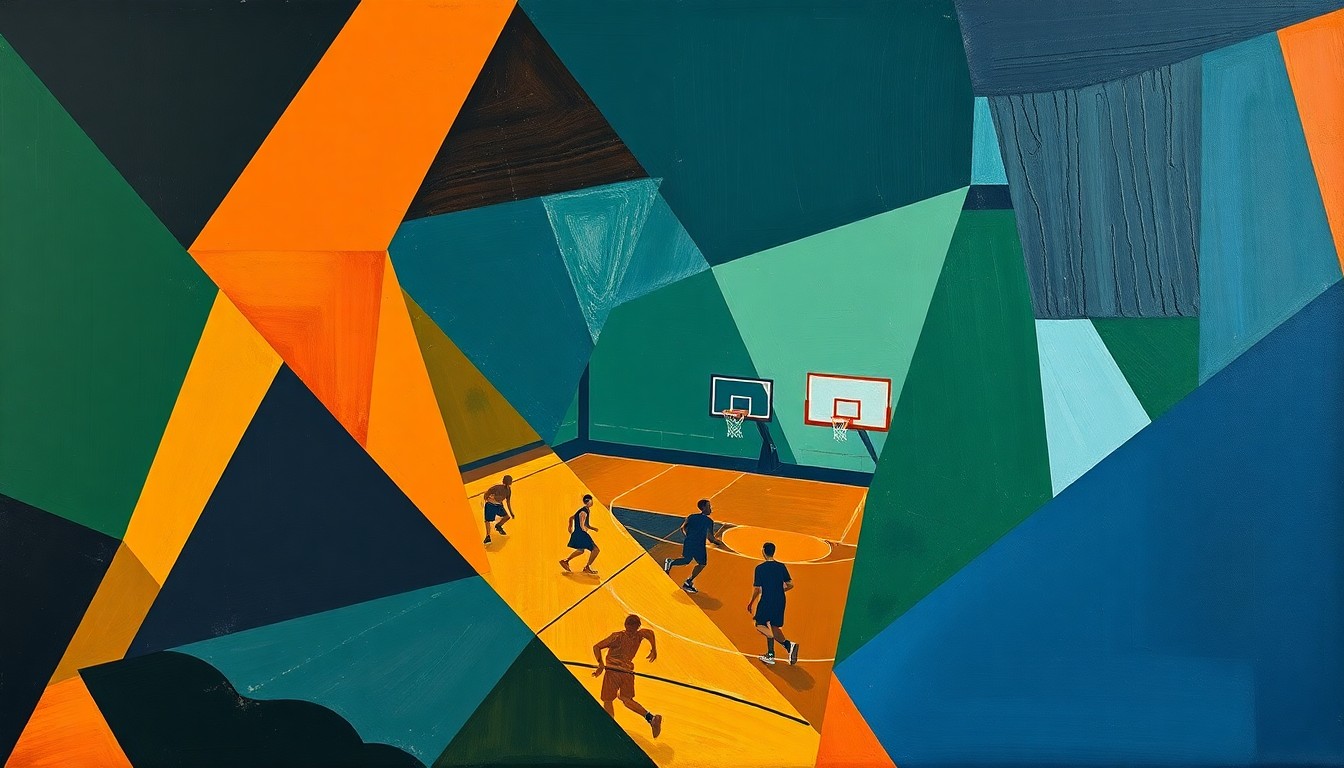 A fragmented, geometric painting depicting the action and movement of a high school basketball game, with sharp planes of color and form representing the sport's energy and athleticism.
