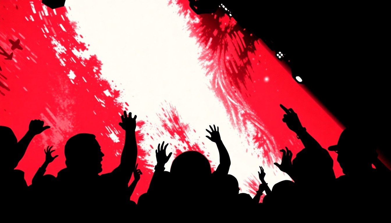 A minimalist, abstract illustration featuring bold black silhouettes and high-contrast solid colors like red and white, capturing the energy and emotion of an R&B concert.